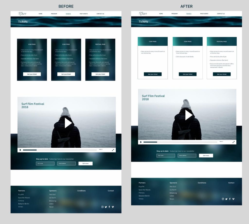 Mobile mockup of the Surf Film Festival Berlin 2019 website, showing festival dates, a surfing image, and sections for 'About the festival,' 'Movies,' and 'Events.'